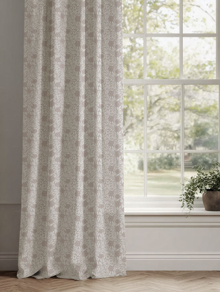 Grey / Pink Floral Linen Curtains - Ruth Peony - White base fabric.