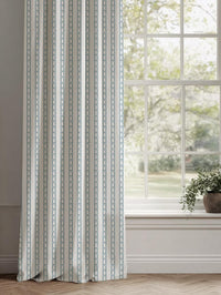 Blue Floral Stripe Linen Curtain - Silvian Paris Blue-WHT - White base fabric.