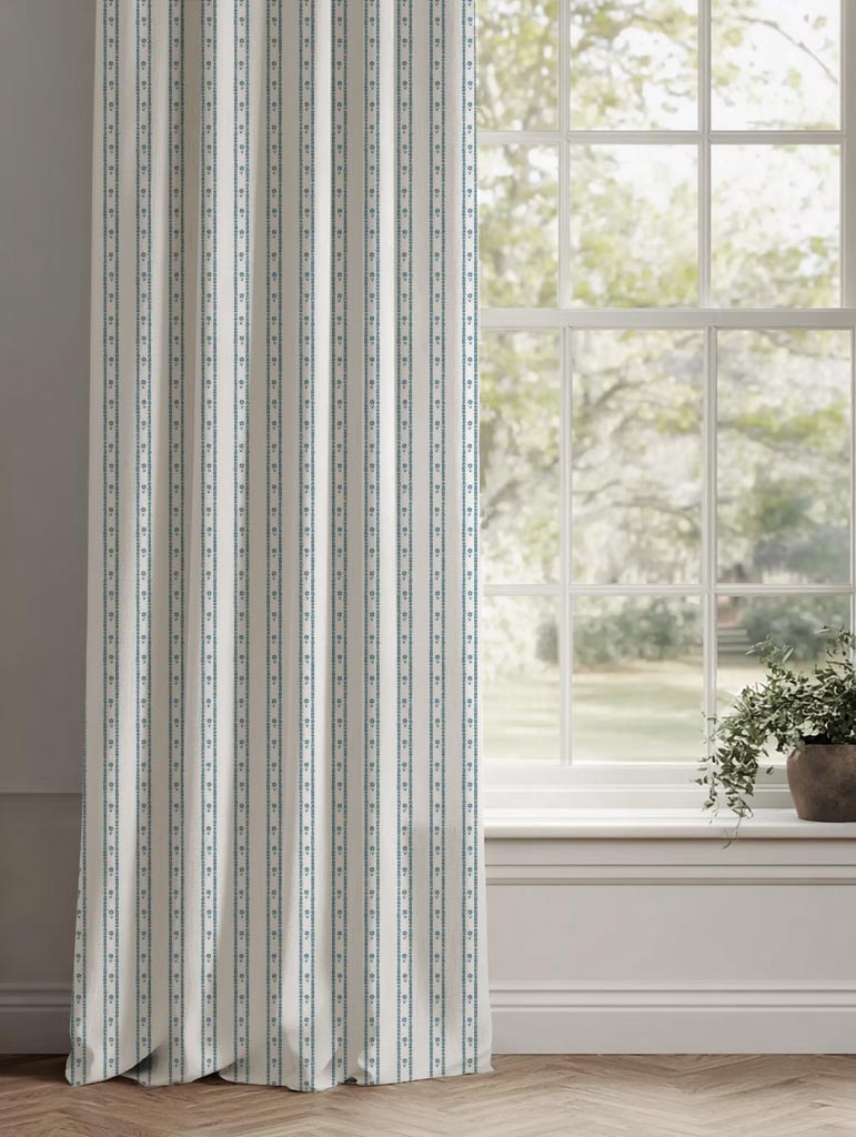 Blue Floral Stripe Linen Curtain - Silvian Paris Blue-WHT - White base fabric.