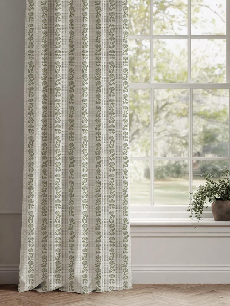Green Floral Stripe Linen Curtain - Skye Moss-WHT - White base fabric.