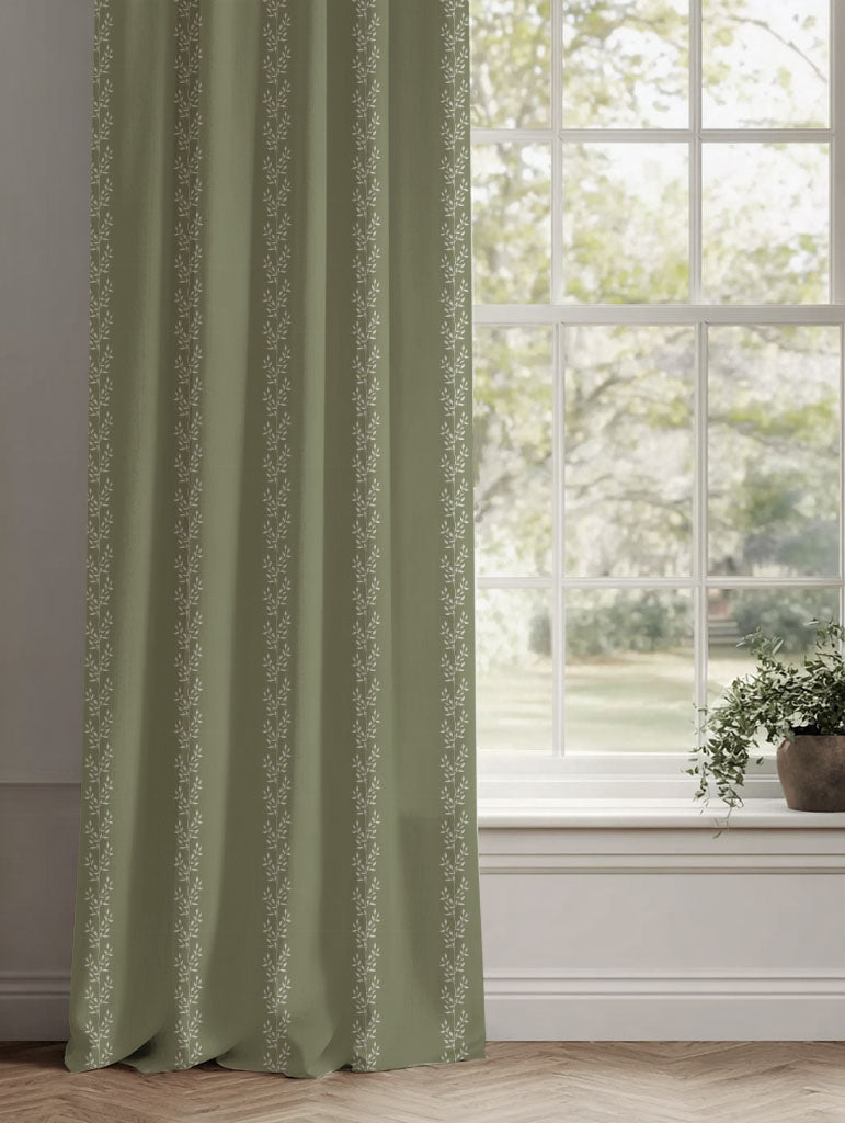 Shena Moss INV Curtain - White fabric with botanical Green inverted print