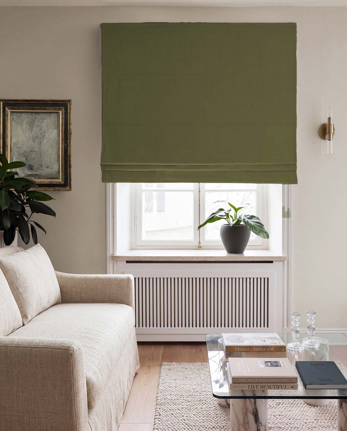 Muted Green Roman blind with Blackout lining. Made of 100% Linen fabric - Charlotte Forest