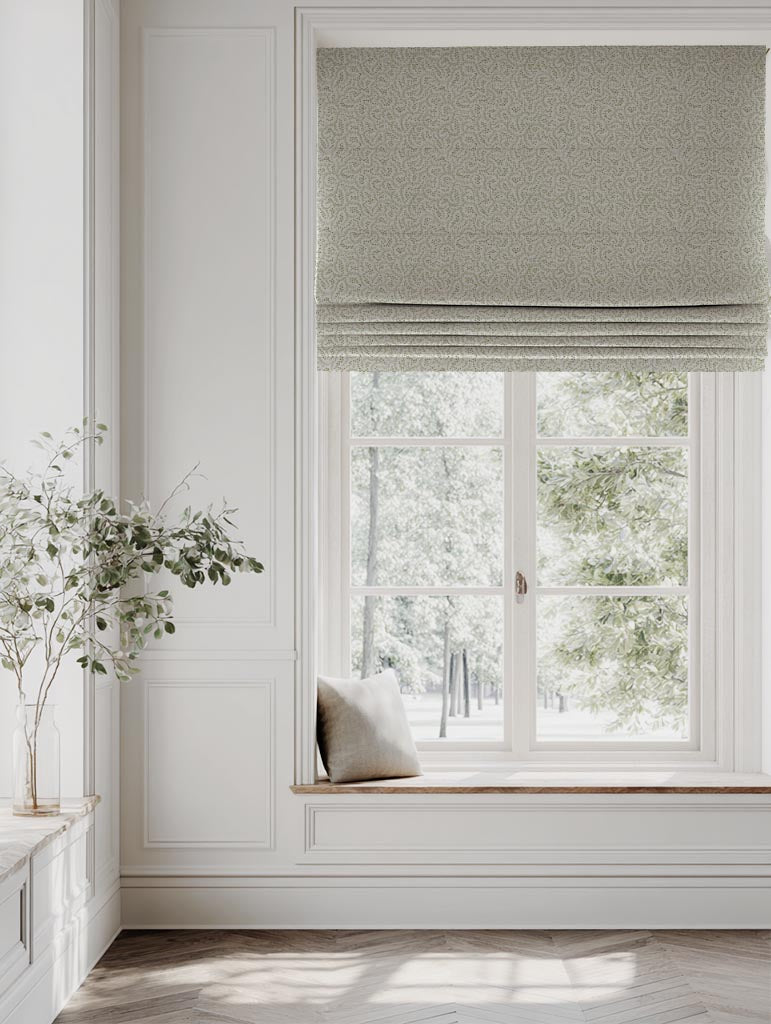 Green Abstract Linen Roman Blind - Freeda Khaki - Natural base fabric.