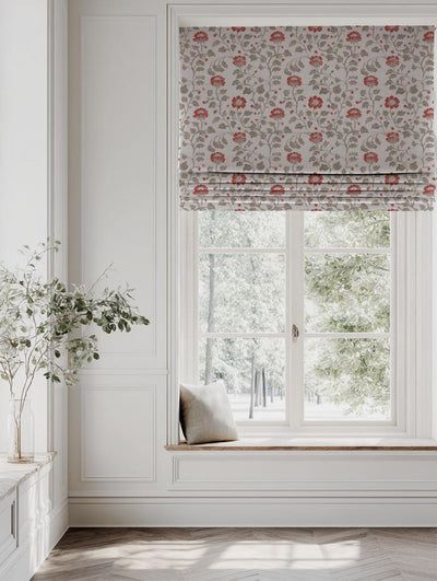 Red Floral Linen Roman Blind - Islie Crimson Red - Natural base fabric.