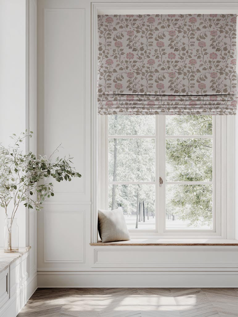 Pink Floral Linen Roman Blind - Islie Dusty Pink - Natural base fabric.