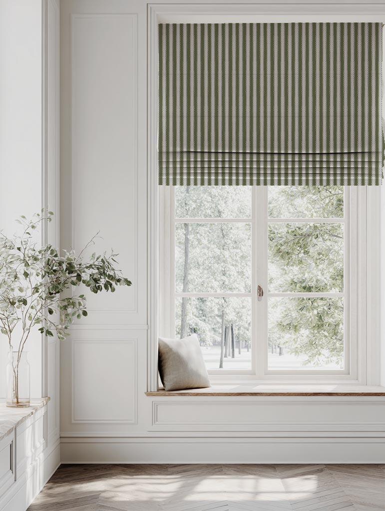 Green Striped Linen Roman Blind - Lisabella Khaki - Natural base fabric.