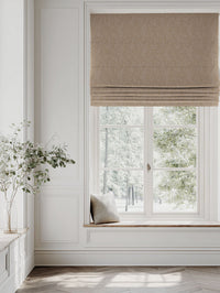 Orange / Yellow Botanical Linen Roman blind - Alma Gold Ochre - Natural base fabric.