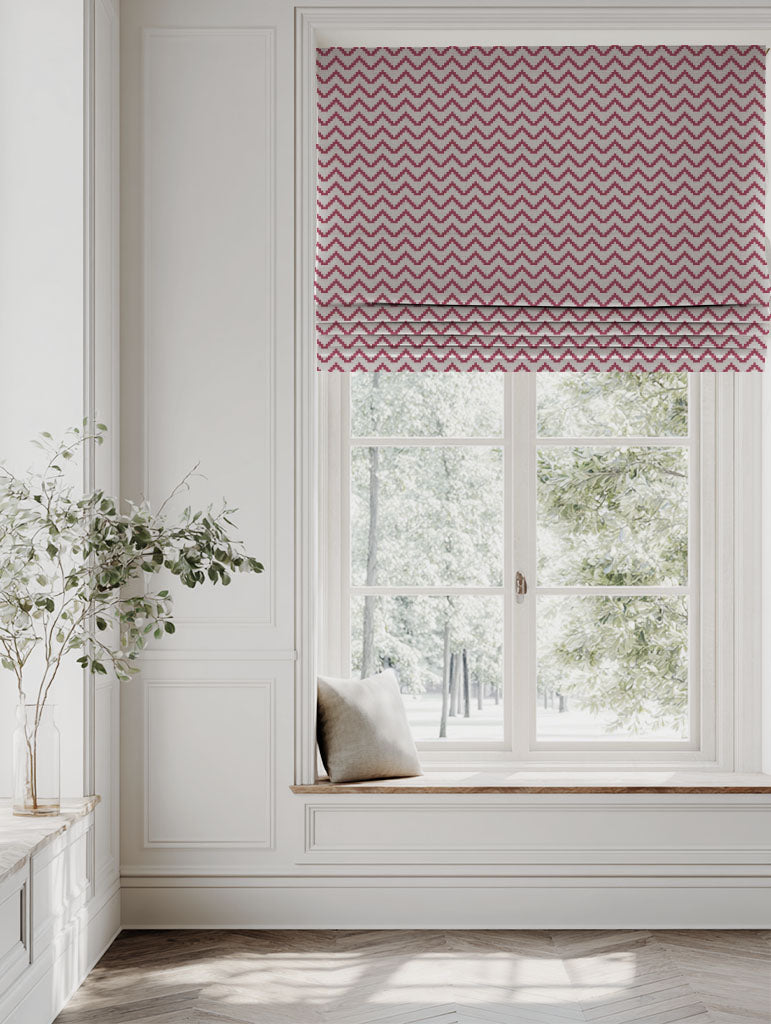 Red Patterned Linen Roman blind - Azig Cherry - Natural base fabric.