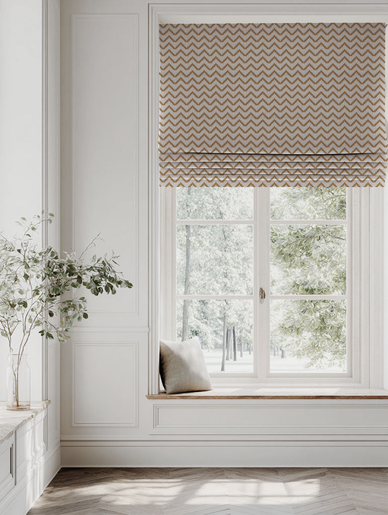 Orange / Yellow Patterned Linen Roman blind - Azig Gold Ochre - Natural base fabric.