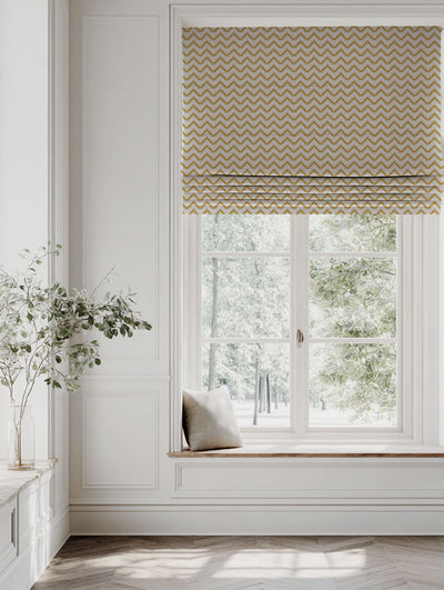 Yellow Patterned Linen Roman blind - Azig Mustard - Natural base fabric.