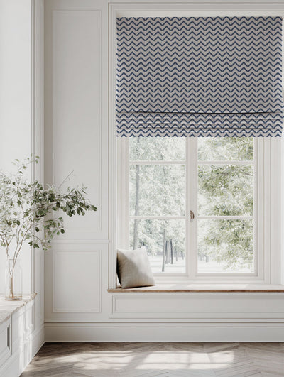 Blue Patterned Linen Roman blind - Azig NightBlue - Natural base fabric.