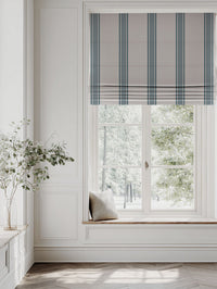 Blue Striped Linen Roman blind - Bella Blue Stone - Natural base fabric.