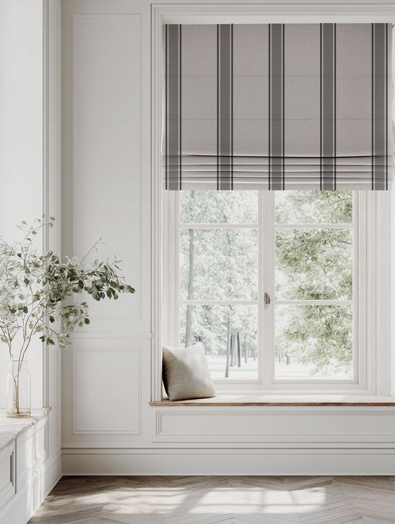 Grey Striped Linen Roman blind - Bella Charcoal - Natural base fabric.