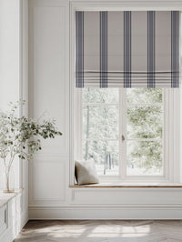 Blue Striped Linen Roman blind - Bella Deep Blue - Natural base fabric.