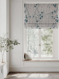 Blue Botanical Linen Roman blind - Berry Blue Stone - Natural base fabric.