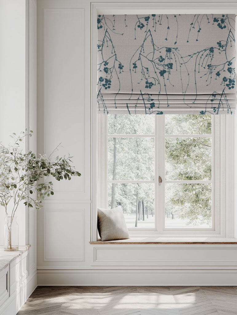 Blue Botanical Linen Roman blind - Berry Blue Stone - Natural base fabric.