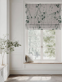 Green Botanical Linen Roman blind - Berry Dark Pine - Natural base fabric.