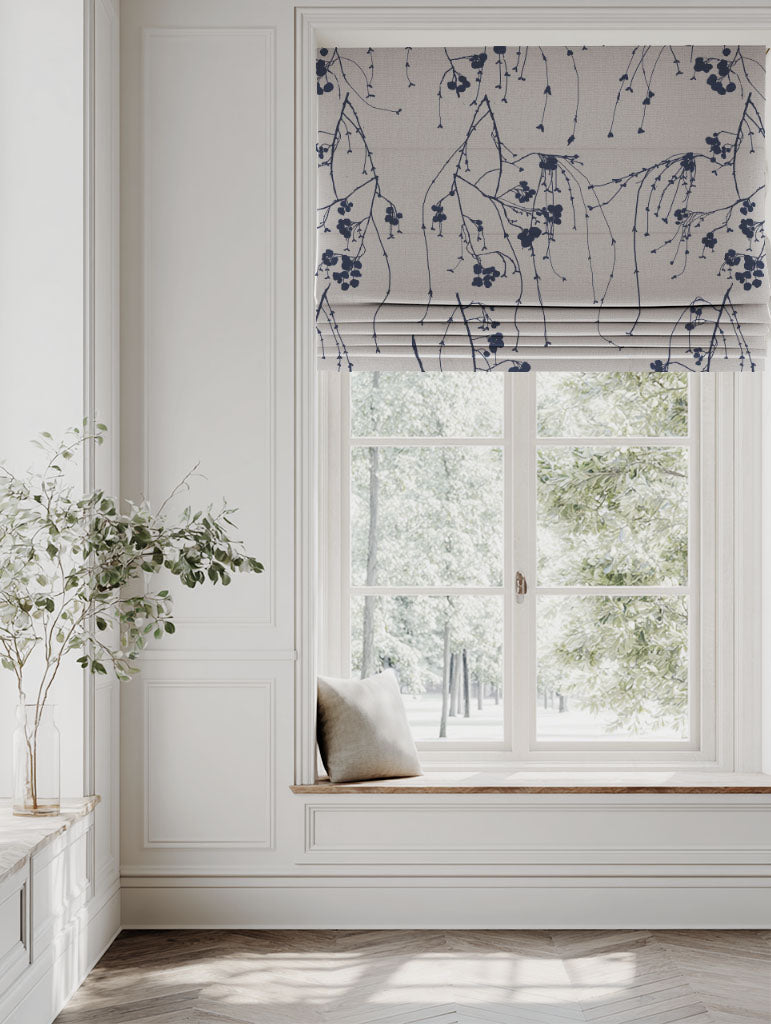 Blue Botanical Linen Roman blind - Berry Deep Blue - Natural base fabric.