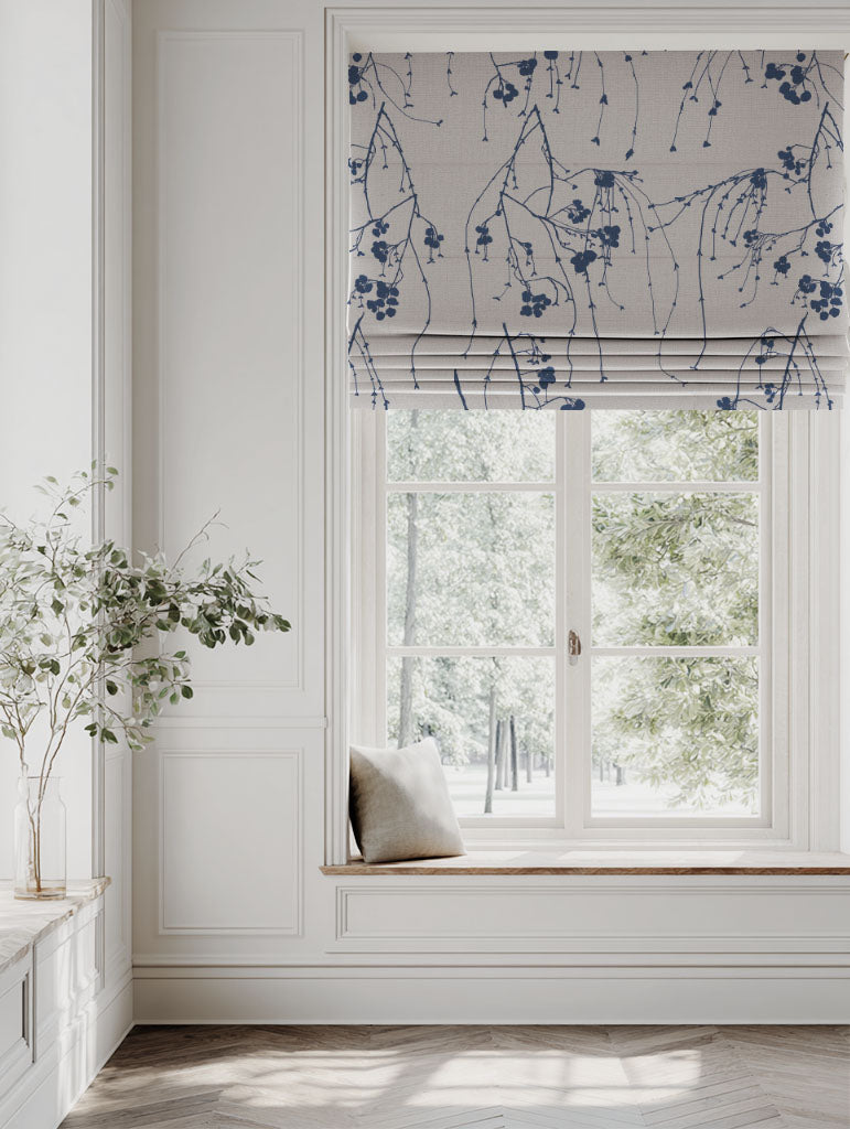 Blue Botanical Linen Roman blind - Berry Night Blue - Natural base fabric.