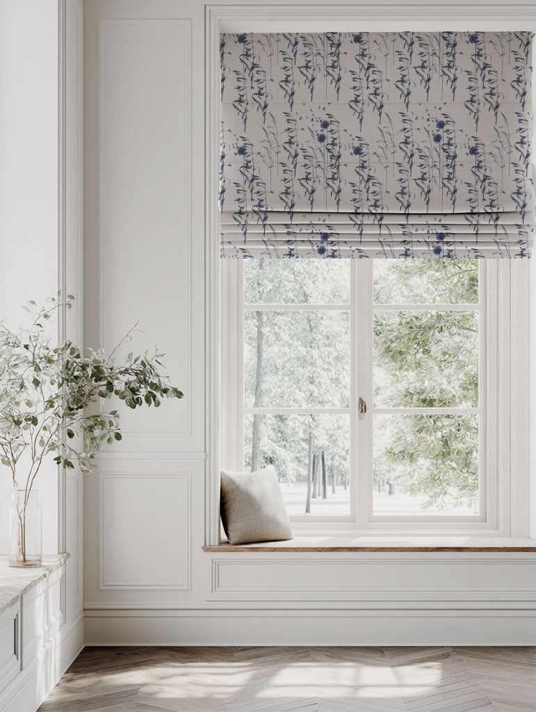 Blue Botanical Linen Roman blind - Breeze Deep Blue - Natural base fabric.