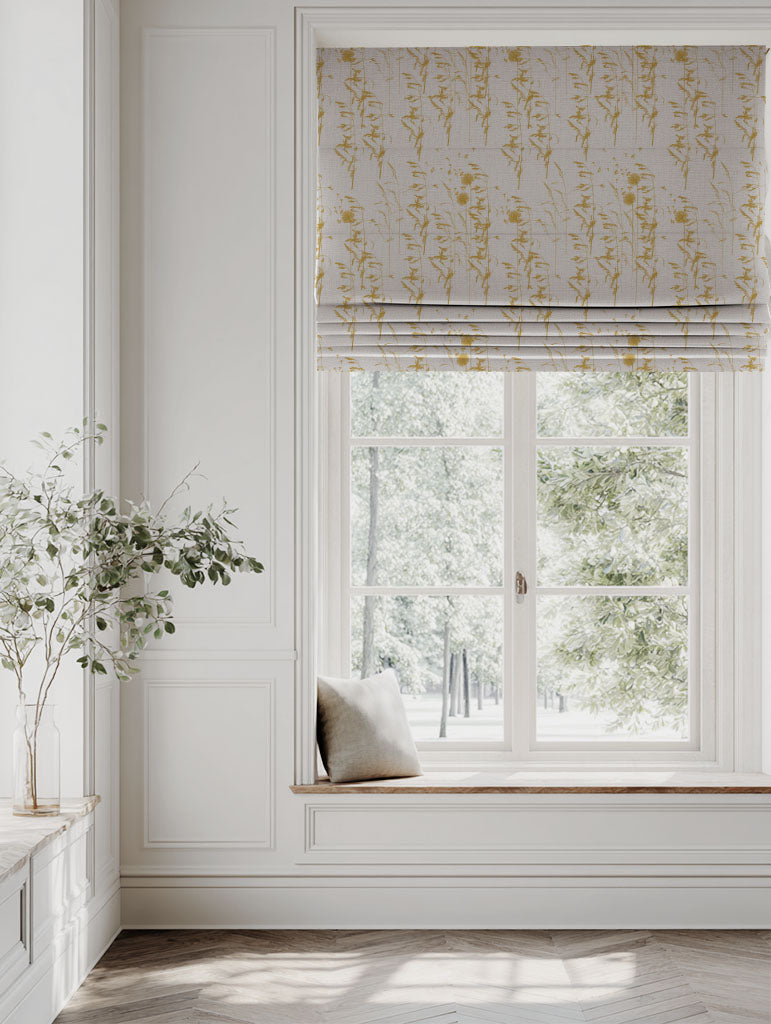 Yellow Botanical Linen Roman blind - Breeze Mustard - Natural base fabric.