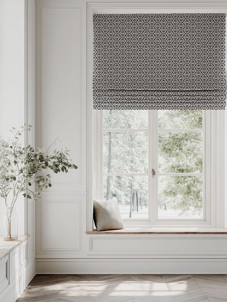 Black Patterned Linen Roman blind - Brita Black - Natural base fabric.
