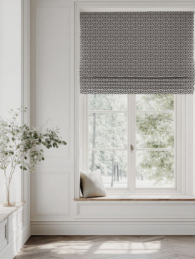 Black Patterned Linen Roman blind - Brita Black - Natural base fabric.