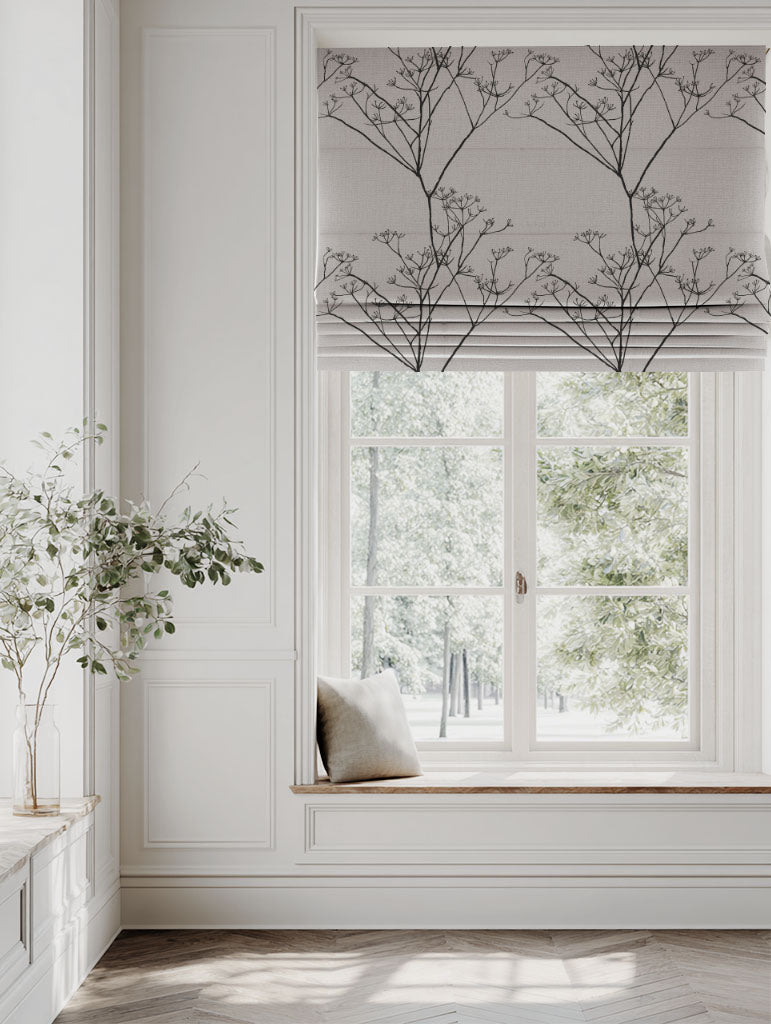 Black Floral Linen Roman blind - Chervil Black - Natural base fabric.