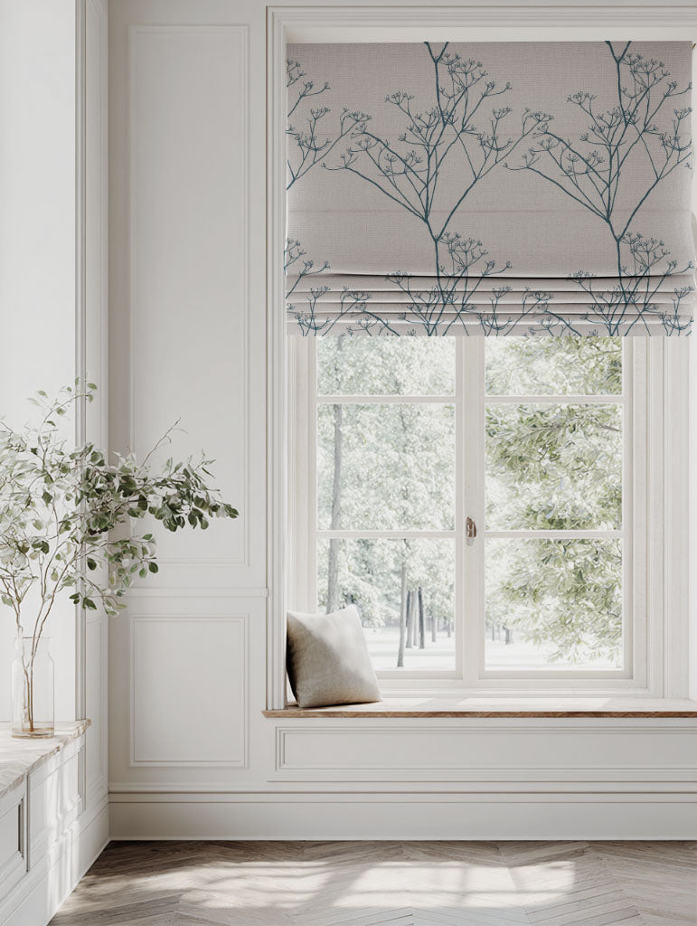 Blue Floral Linen Roman blind - Chervil Blue Stone - Natural base fabric.