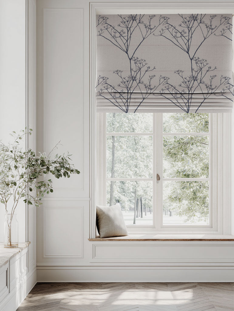 Blue Floral Linen Roman blind - Chervil Deep Blue - Natural base fabric.