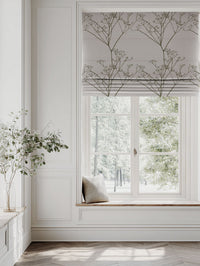 Green Floral Linen Roman blind - Chervil Sea Weed - Natural base fabric.