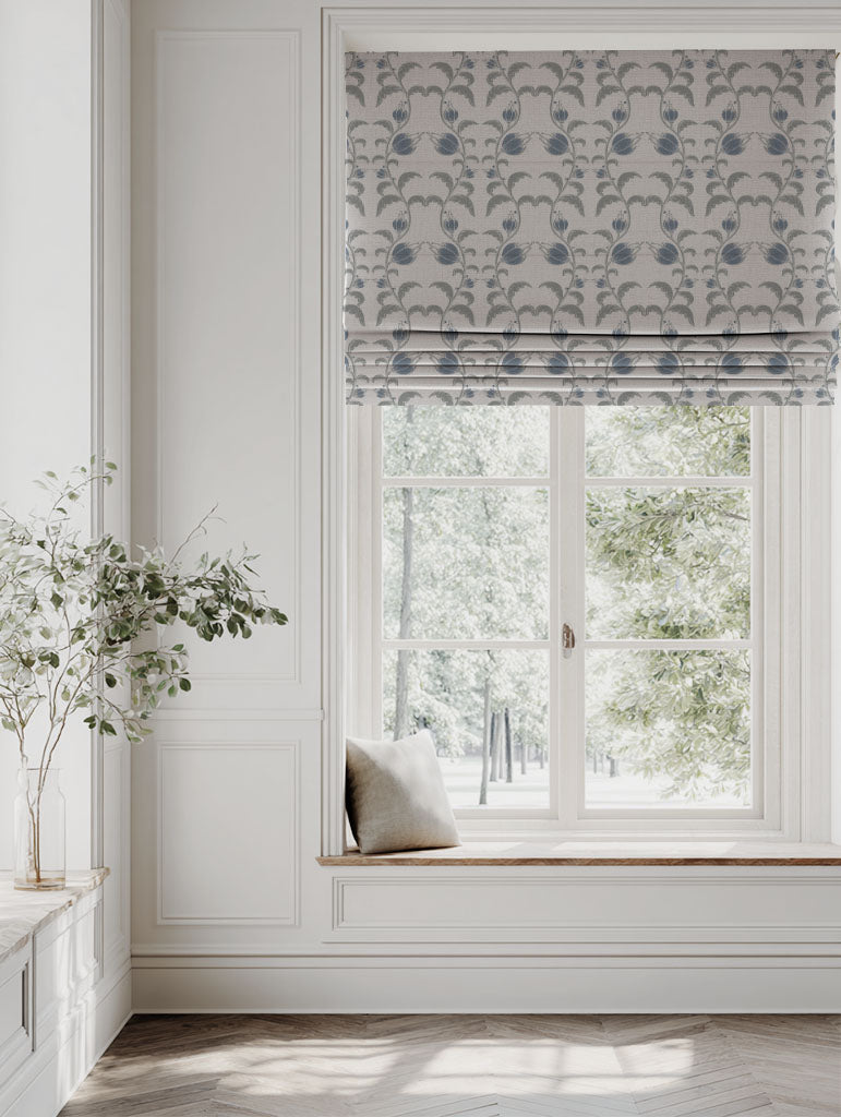 Blue Floral Linen Roman blind - Dana Denim - Natural base fabric.