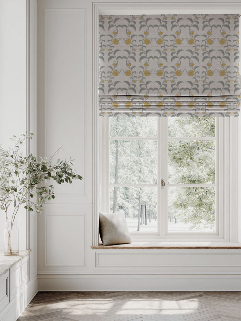 Yellow Floral Linen Roman blind - Dana Mustard - Natural base fabric.