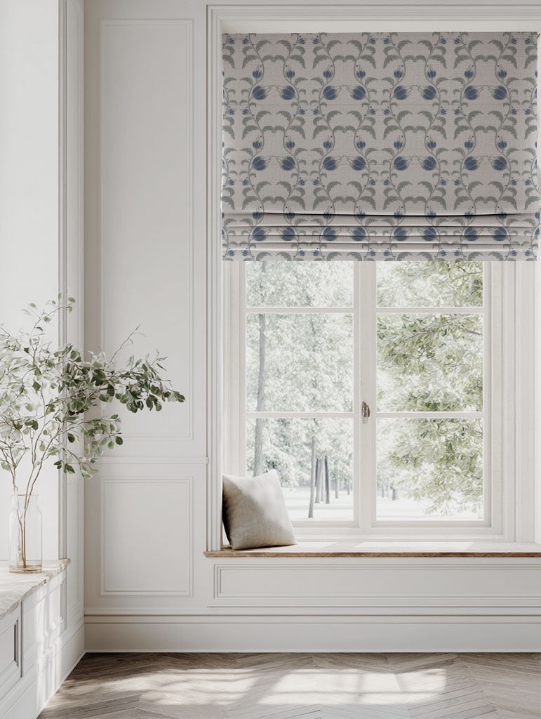 Blue Floral Linen Roman blind - Dana Night Blue - Natural base fabric.