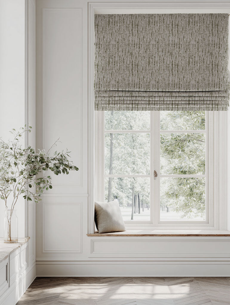 Green Patterned Linen Roman blind - Dora Seaweed - Natural base fabric.