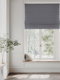 Blue Patterned Linen Roman blind - Elva Deep Blue - Natural base fabric.