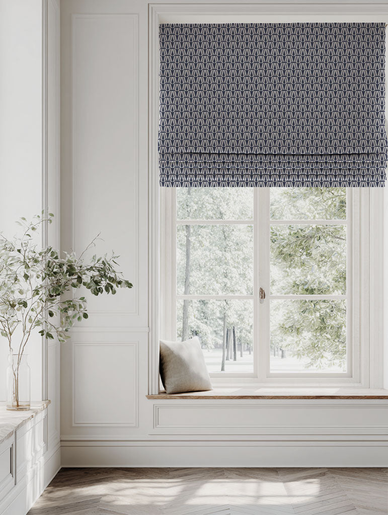 Blue Patterned Linen Roman blind - Elva Deep Blue - Natural base fabric.