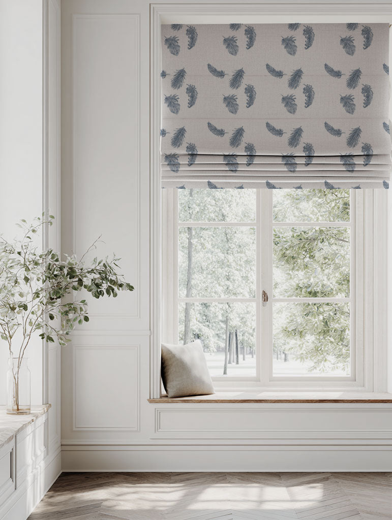 Blue Patterned Linen Roman blind - Feathers Denim - Natural base fabric.