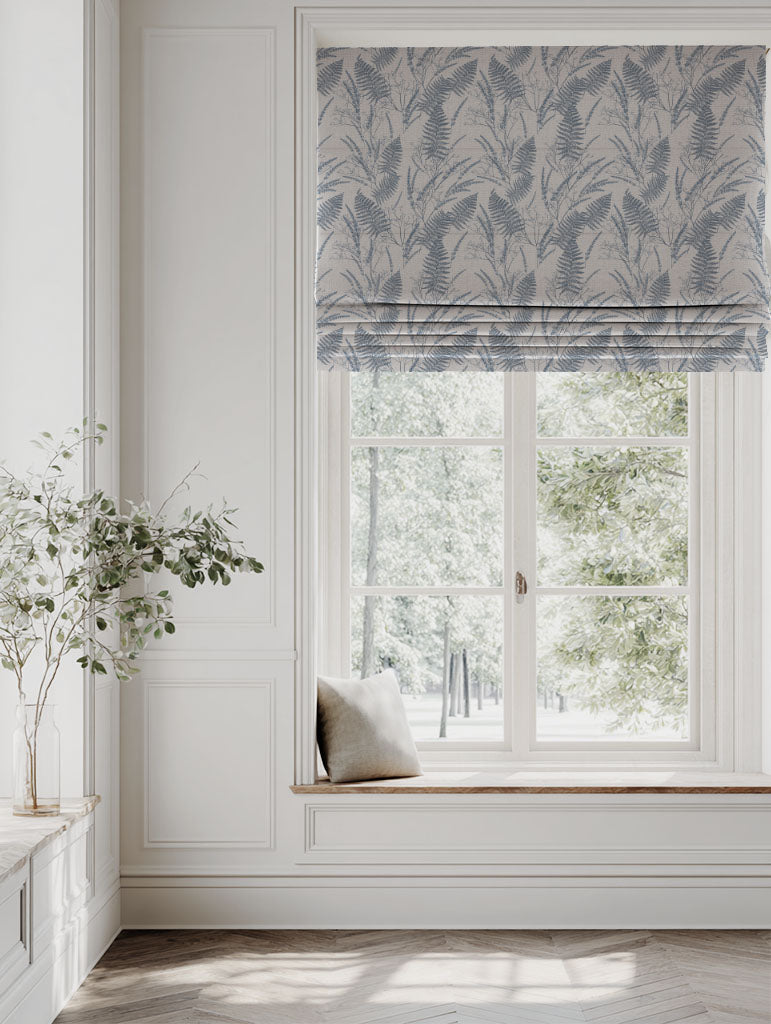 Blue Botanical Linen Roman blind - Fernia Denim - Natural base fabric.
