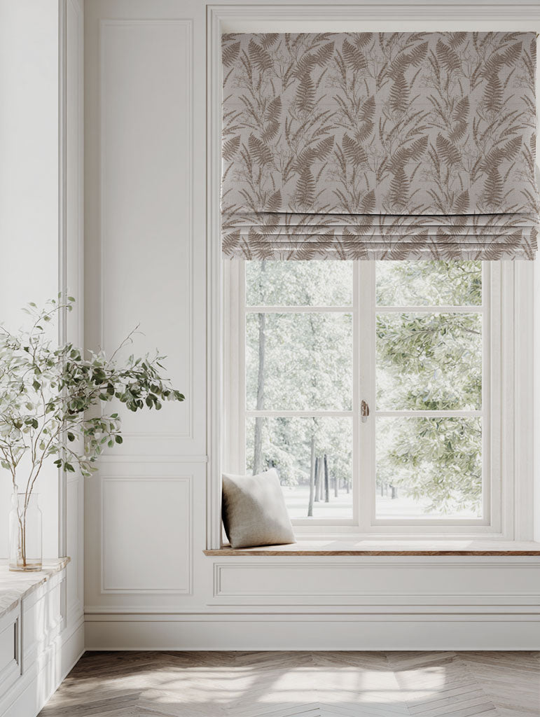 Brown Plain Linen Roman blind - Fernia Sand - Natural base fabric.