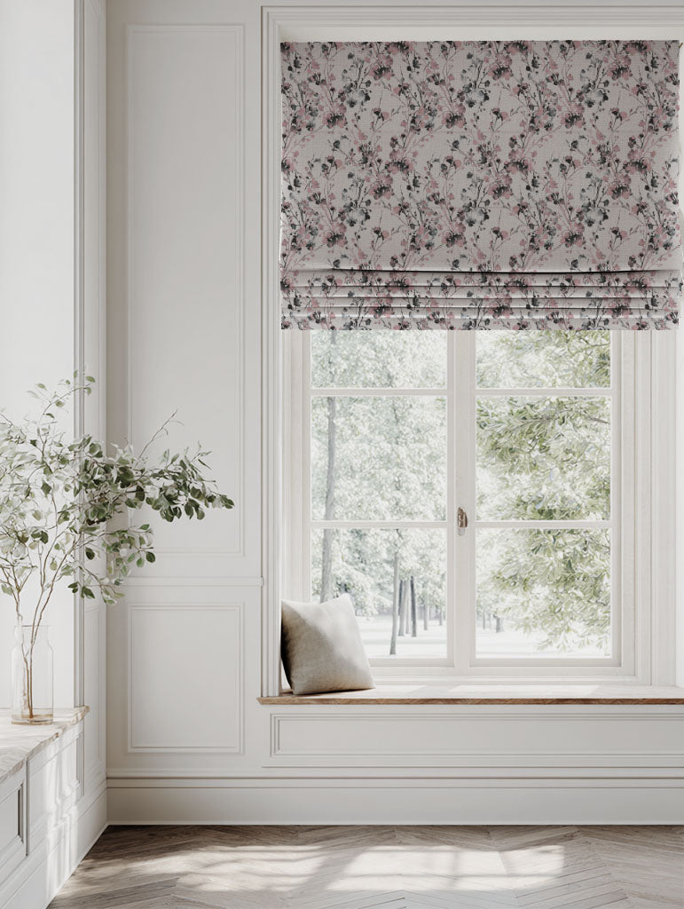 Pink Floral Linen Roman blind - FlowerBliss Powder Rose - Natural base fabric.