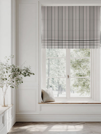 Grey Striped Linen Roman blind - Freja Greige - Natural base fabric.