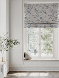 Blue Floral Linen Roman blind - Gardenia Denim - Natural base fabric.