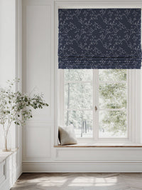 Blue Botanical Linen Roman blind - Goldfinch INV-Deep Blue - Natural base fabric.