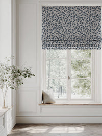 Blue Botanical Linen Roman blind - Goldie Denim - Natural base fabric.