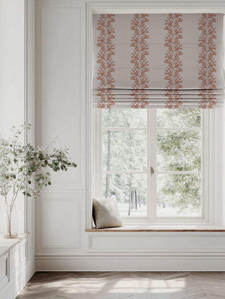 Orange Patterned Linen Roman blind - Hensley Pumpkin - Natural base fabric.