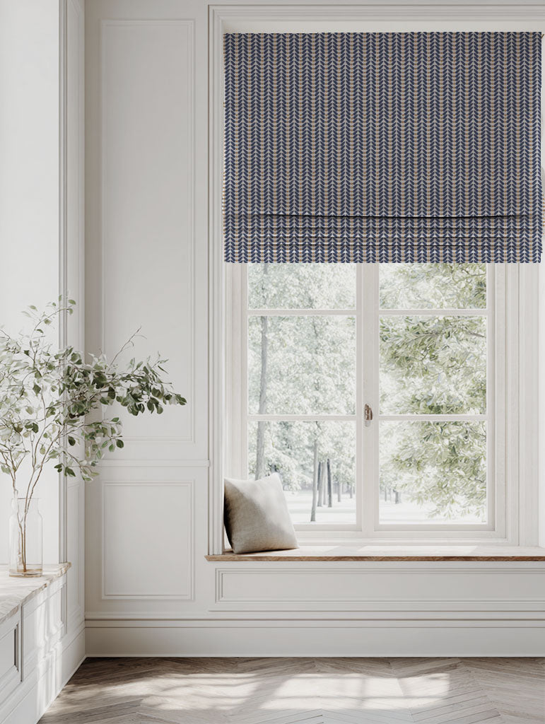 Blue / Orange Patterned Linen Roman blind - Hulda Deep Blue Ochre - Natural base fabric.