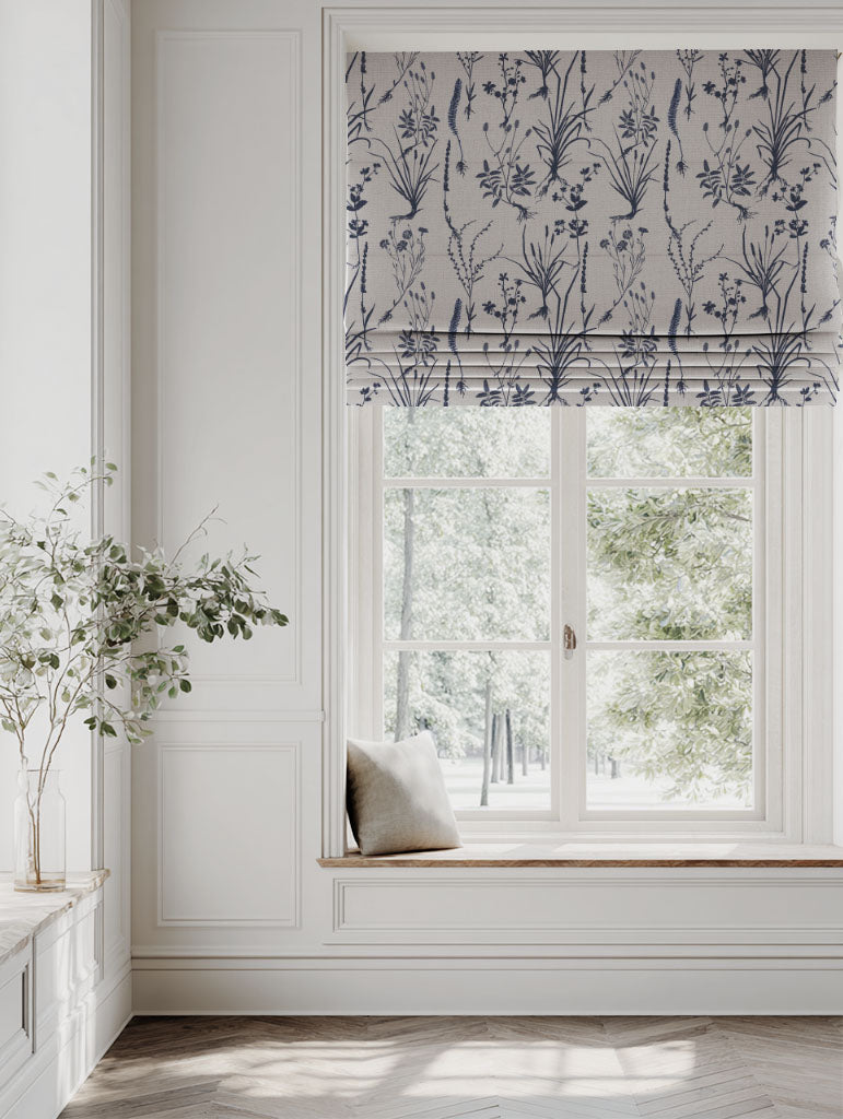 Blue Floral Linen Roman blind - Iida Deep Blue - Natural base fabric.