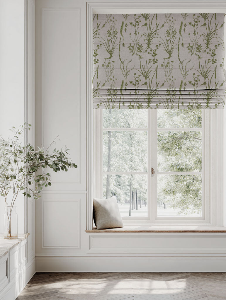 Green Floral Linen Roman blind - Iida Leaf - Natural base fabric.