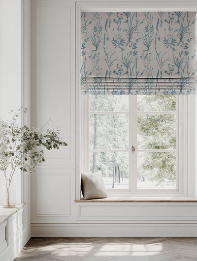 Blue Floral Roman blind - Iida Marine - Natural base fabric.